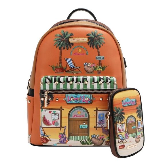 Authentic Nicole Lee "Sun and Sand" Large USB Fashion Backpack w/ Charging Port - Picture 1 of 10